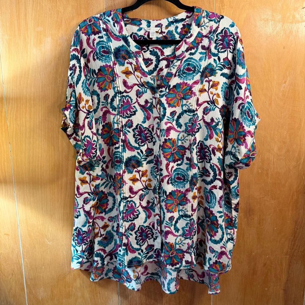 Cato 22/24W Floral Rayon Blouse Boho V-Neck Pintuck‎ Top Teal